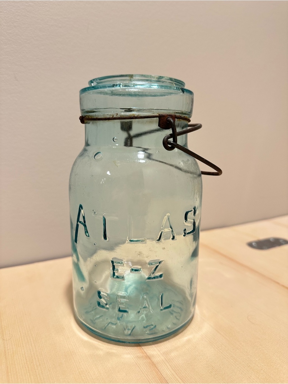 Antique Atlas E-Z Seal Aqua Glass Canning Jar – Quart, Wire Bail (No Lid)